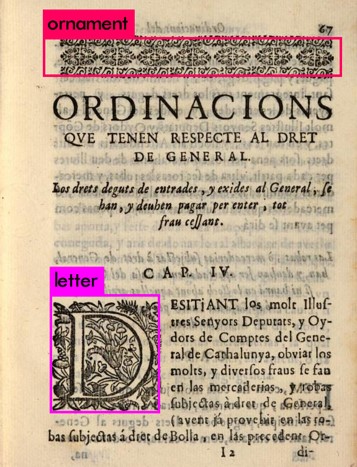 An early printed page with detected ornament and initial marked for computational analysis